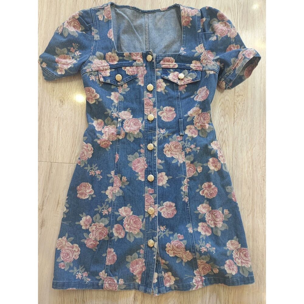 Denim Floral Print Short Sleeves Dress SIze S